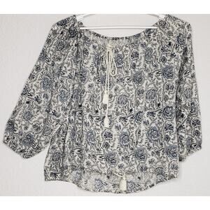 Ralph Lauren Womens Top Sz XL Blue Floral 3/4 Sleeve Tie Neck Waist Cotton Blend